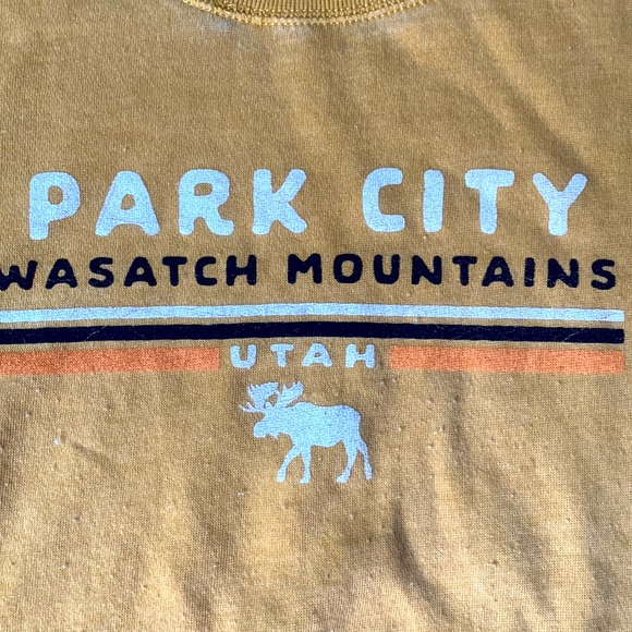 PARK CITY Wasatch Mountains UTAH Mustard Yellow Pullover DISTRESSED Sweatshirt - Picture 2 of 13